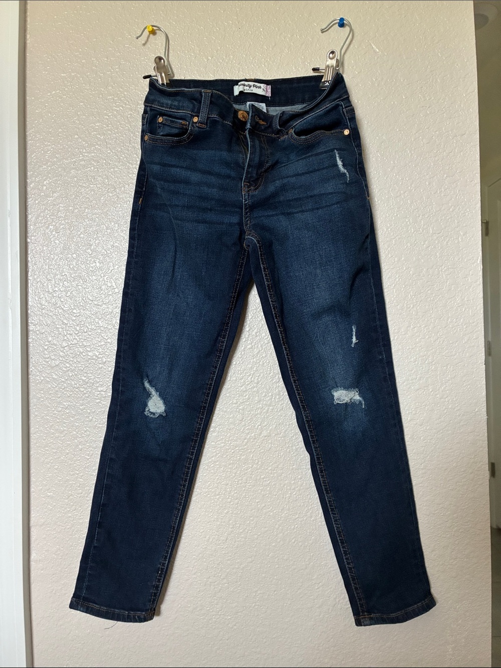 Celebrity Pink Dark Indigo Skinny Jeans with Distressing